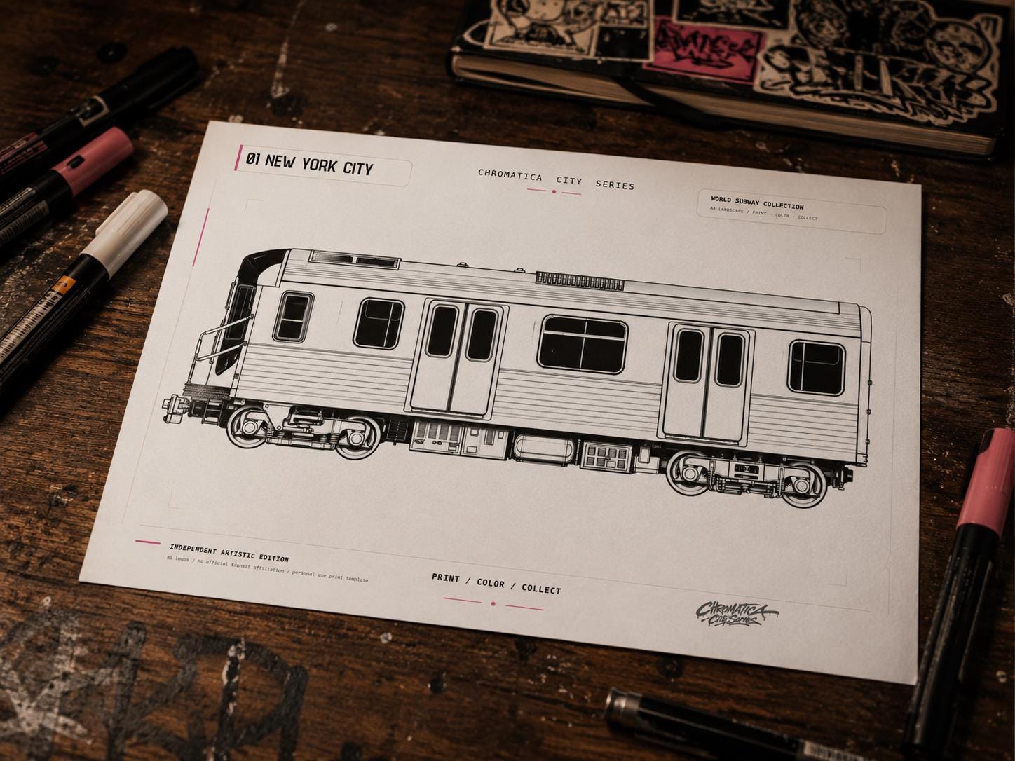 New York Subway Coloring Page PDF, Graffiti Train Art Printable, A4 NYC Metro Coloring Sheet, Chromatica City Series 01