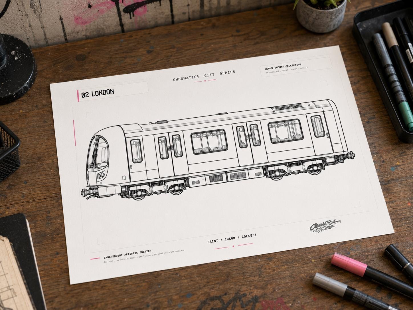 London Subway Coloring Page PDF, A4 Graffiti Train Printable, London Tube Coloring Sheet, Street Art Train Art, City Series 02