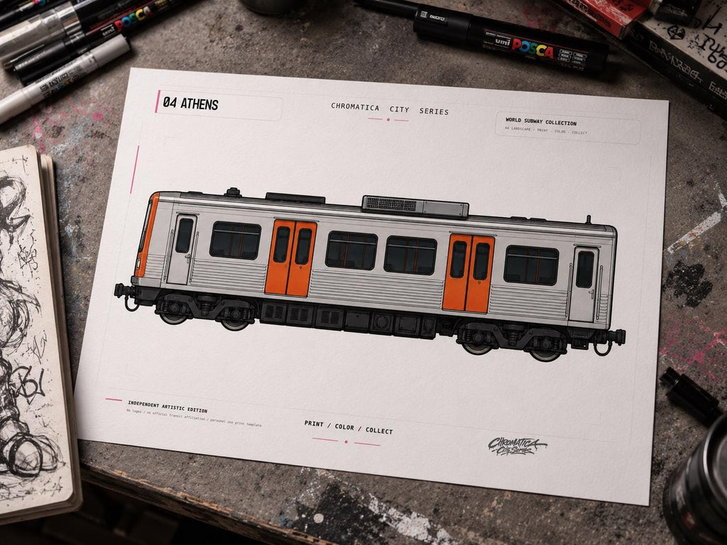 Athens Metro Coloring Page PDF, A4 Graffiti Train Printable, Athens Subway Coloring Sheet, Street Art Train Art, City Series 04