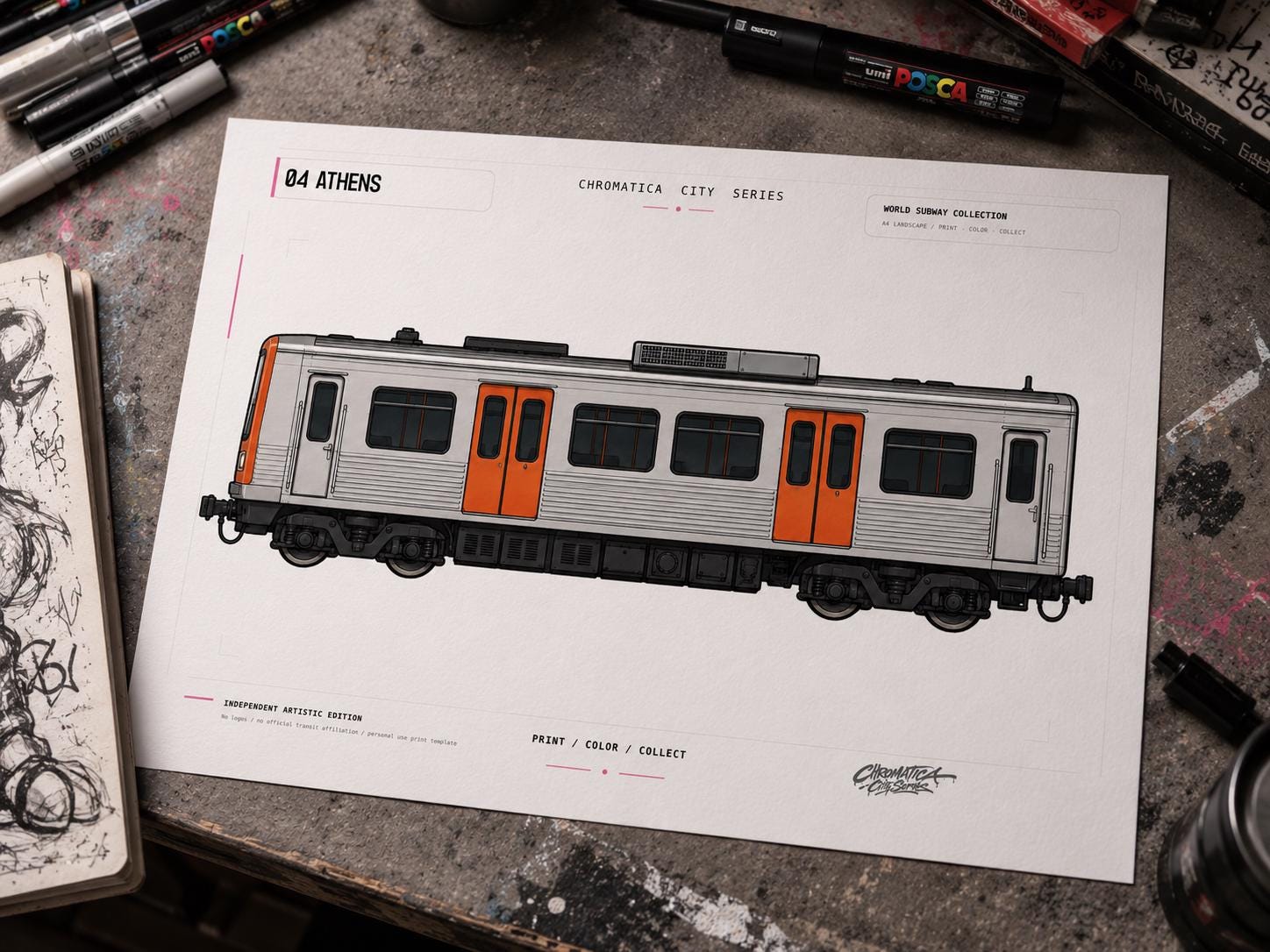 Athens Metro Coloring Page PDF, A4 Graffiti Train Printable, Athens Subway Coloring Sheet, Street Art Train Art, City Series 04