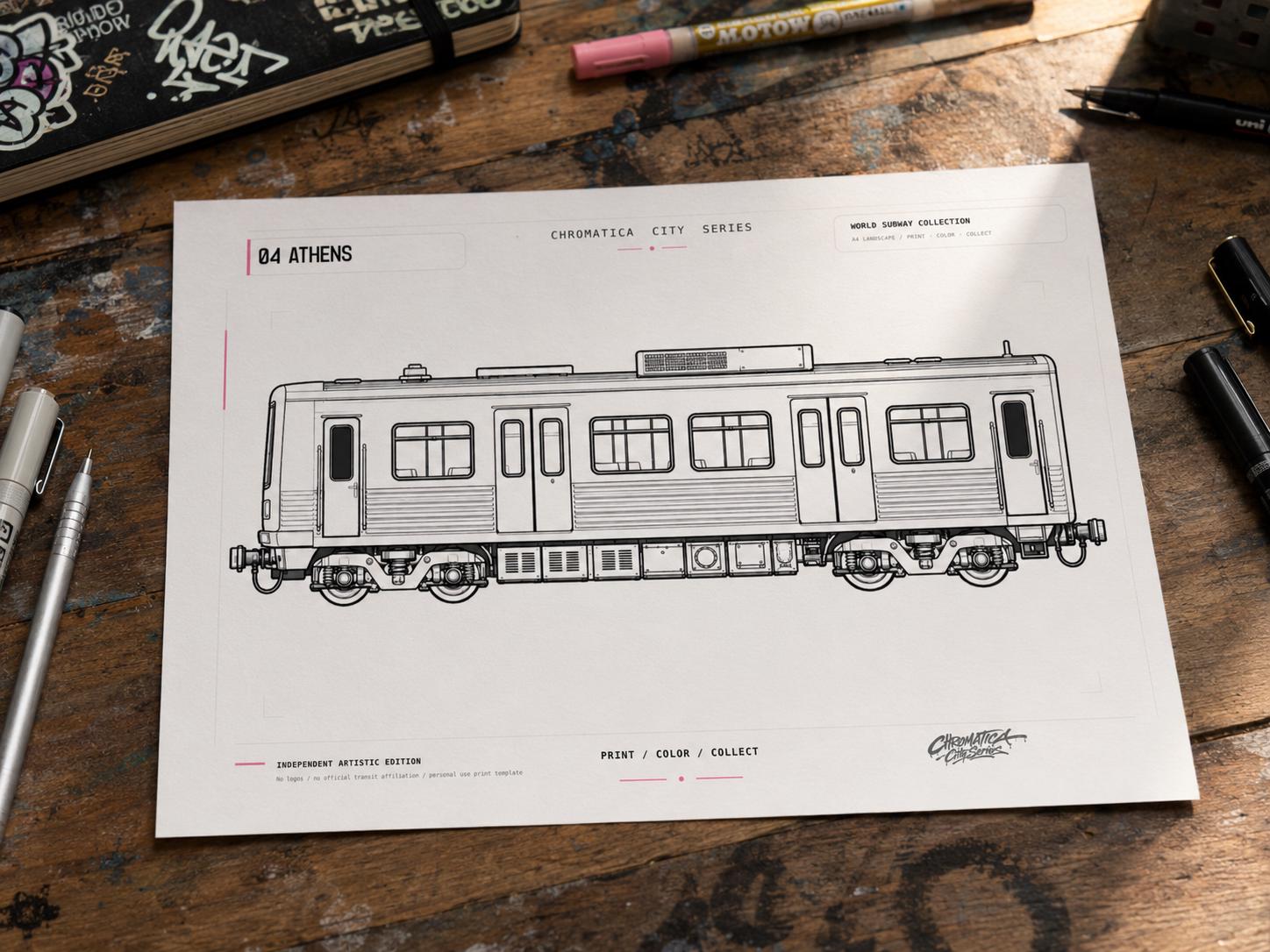 Athens Metro Coloring Page PDF, A4 Graffiti Train Printable, Athens Subway Coloring Sheet, Street Art Train Art, City Series 04