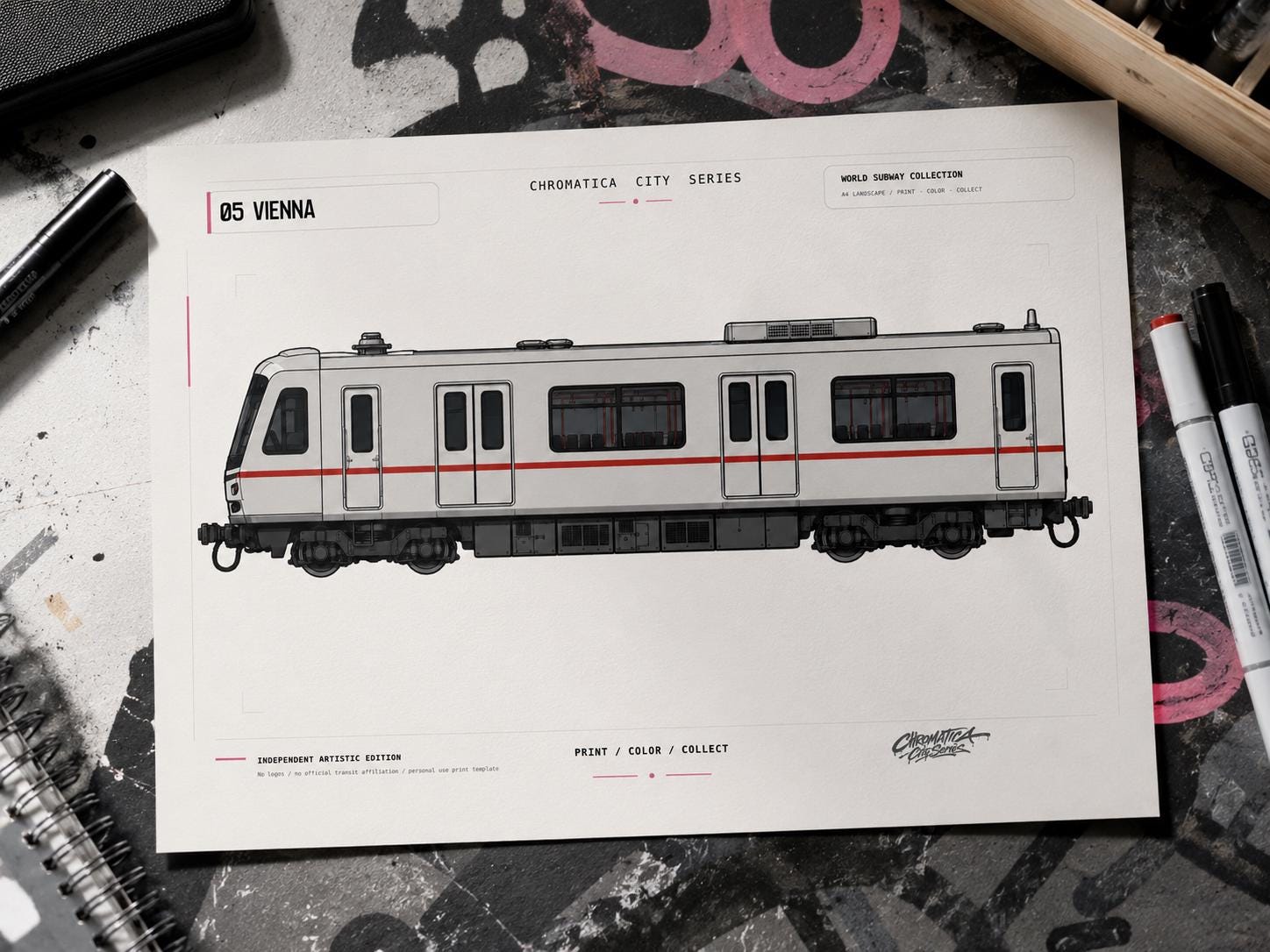 Vienna Metro Coloring Page PDF, A4 Graffiti Train Printable, Vienna Subway Coloring Sheet, Street Art Train Art, City Series 05