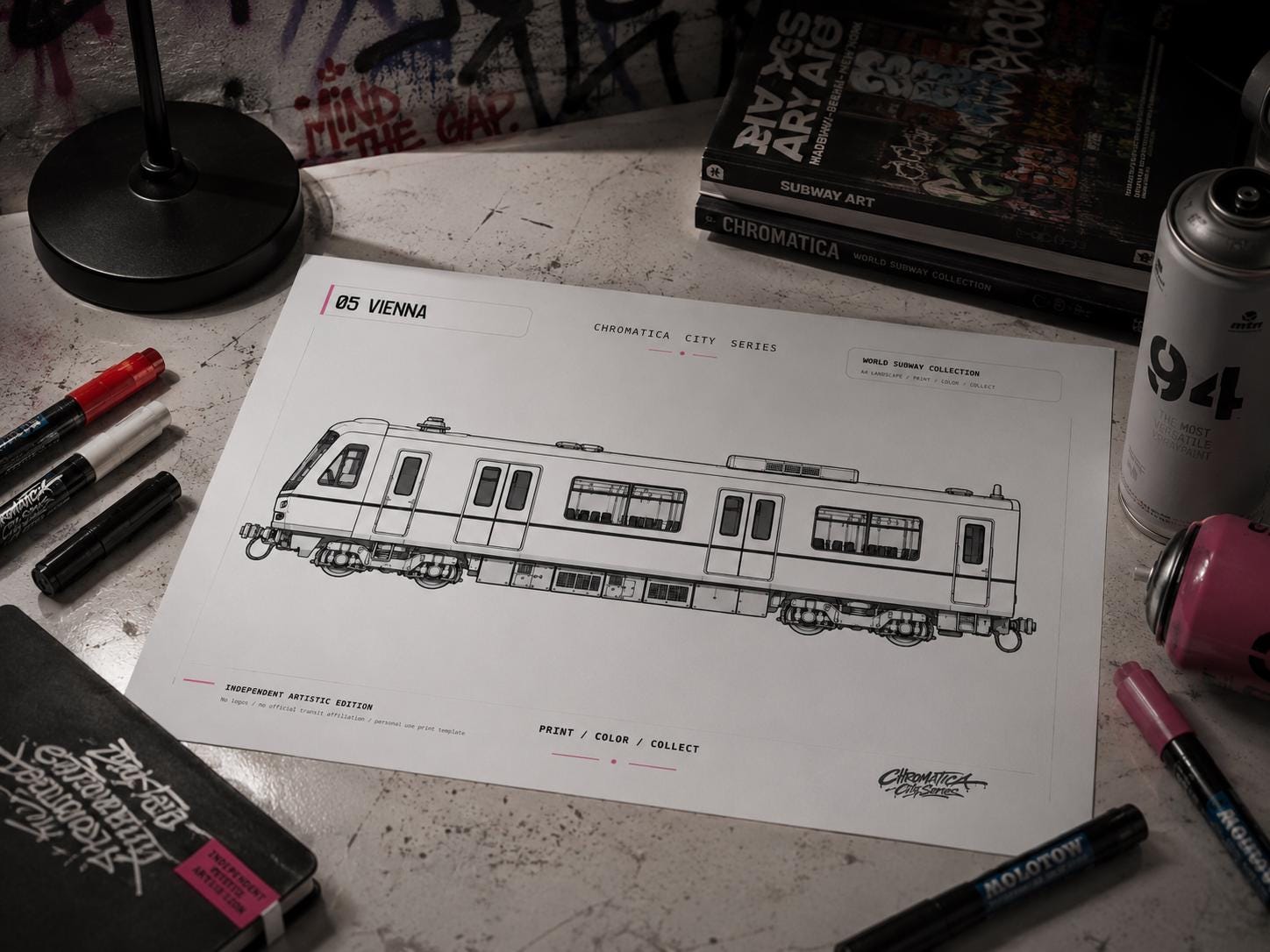 Vienna Metro Coloring Page PDF, A4 Graffiti Train Printable, Vienna Subway Coloring Sheet, Street Art Train Art, City Series 05
