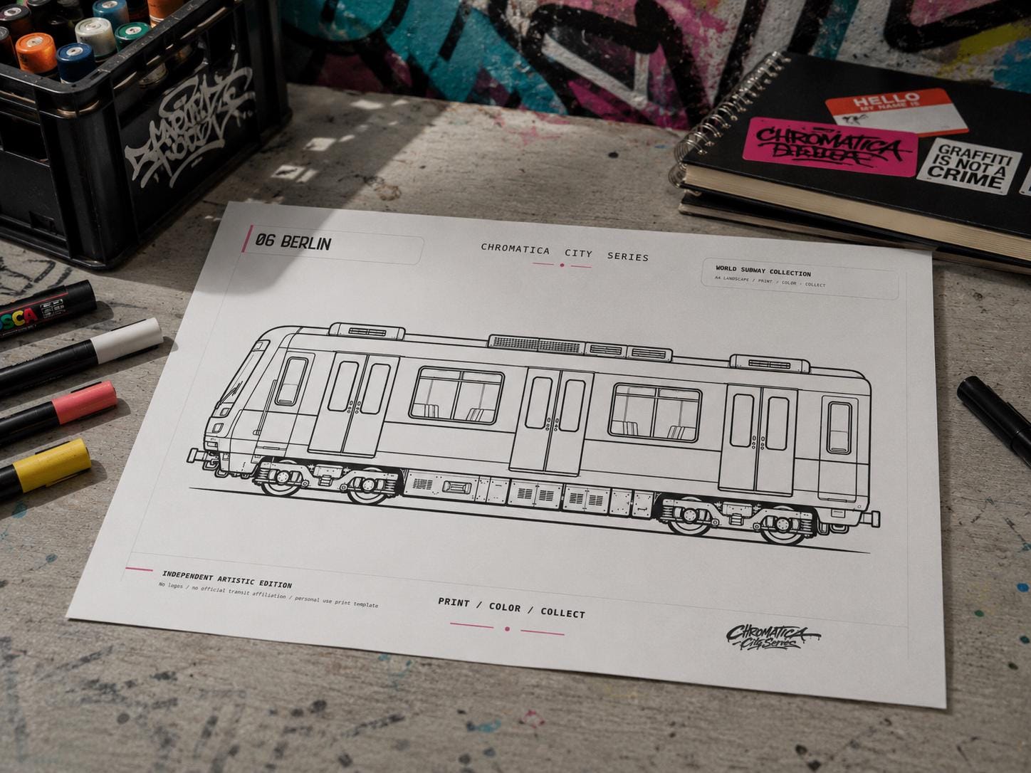 Berlin Subway Coloring Page PDF, A4 Graffiti Train Printable, Berlin U-Bahn Coloring Sheet, Street Art Train Art, City Series 06