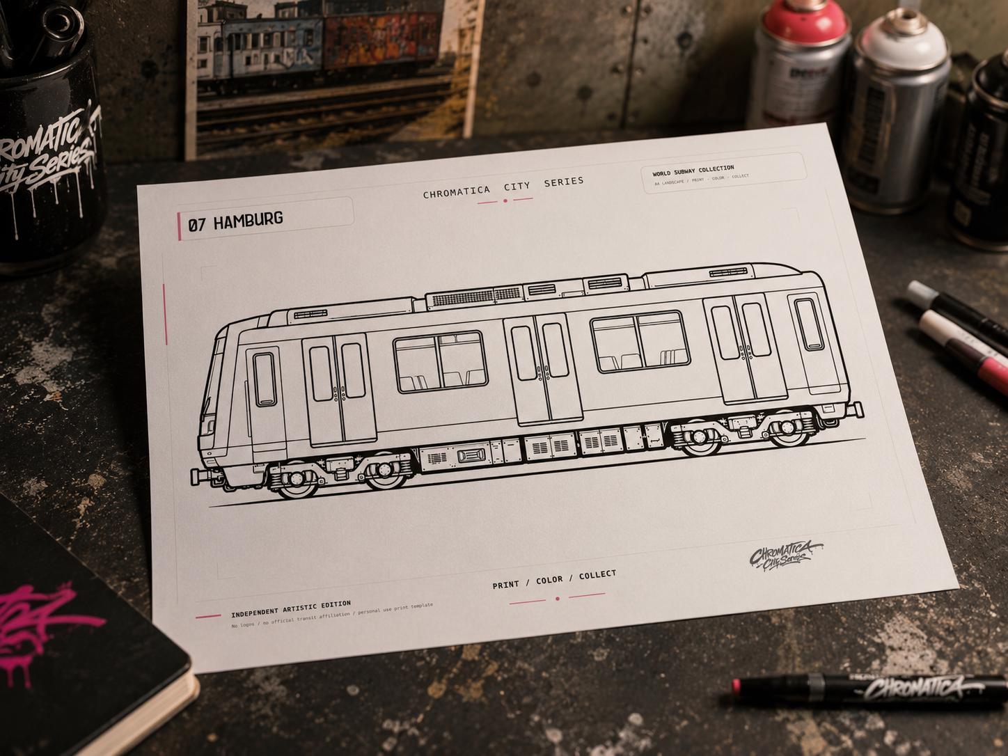 Hamburg Subway Coloring Page PDF, A4 Graffiti Train Printable, Hamburg U-Bahn Coloring Sheet, Street Art Train Art, City Series 07