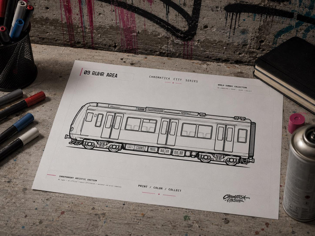 Ruhr Area S-Bahn Coloring Page PDF, A4 Graffiti Train Printable, German Urban Rail Coloring Sheet, City Series 09