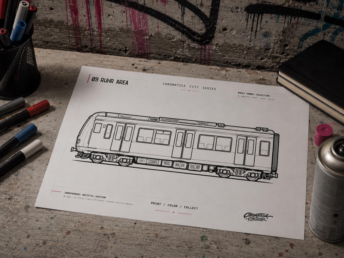 Ruhr Area S-Bahn Coloring Page PDF, A4 Graffiti Train Printable, German Urban Rail Coloring Sheet, City Series 09