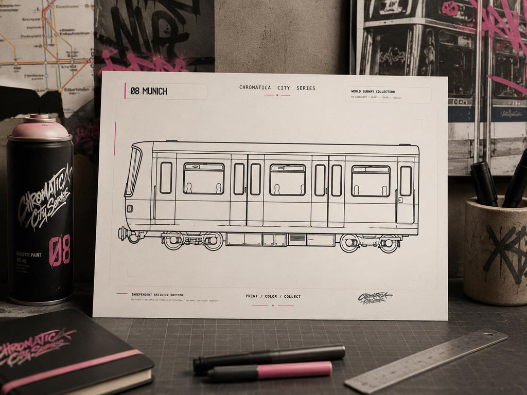 Munich Subway Coloring Page PDF, A4 Graffiti Train Printable, Munich U-Bahn Coloring Sheet, Street Art Train Art, City Series 08