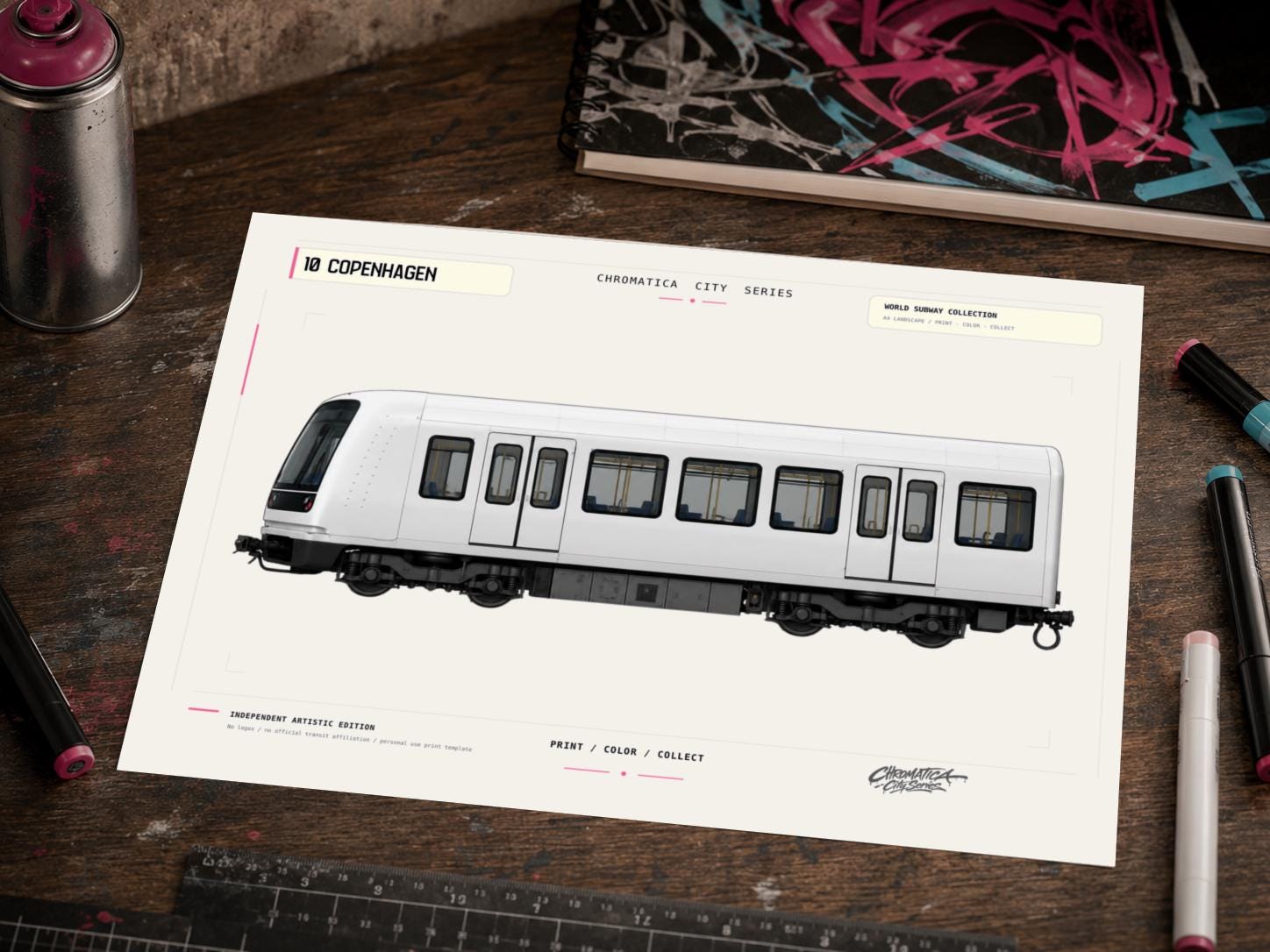 Copenhagen Metro Coloring Page PDF, A4 Graffiti Train Printable, Copenhagen Subway Coloring Sheet, City Series 10