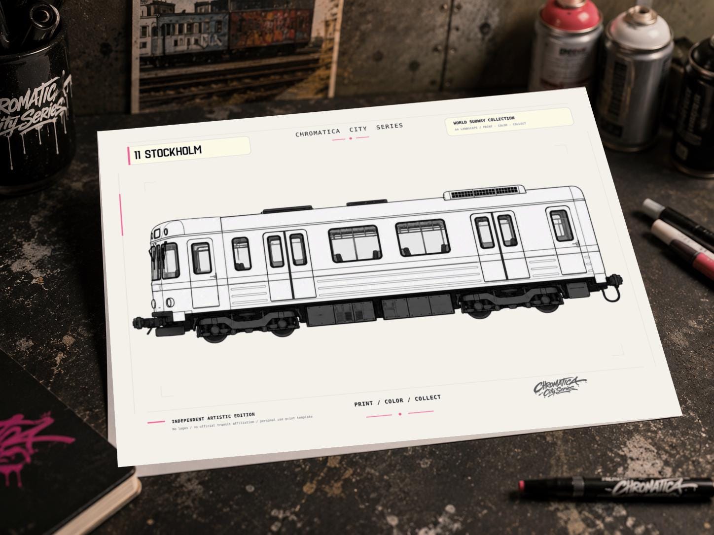 Stockholm Metro Coloring Page PDF, A4 Graffiti Train Printable, Stockholm Subway Coloring Sheet, City Series 11