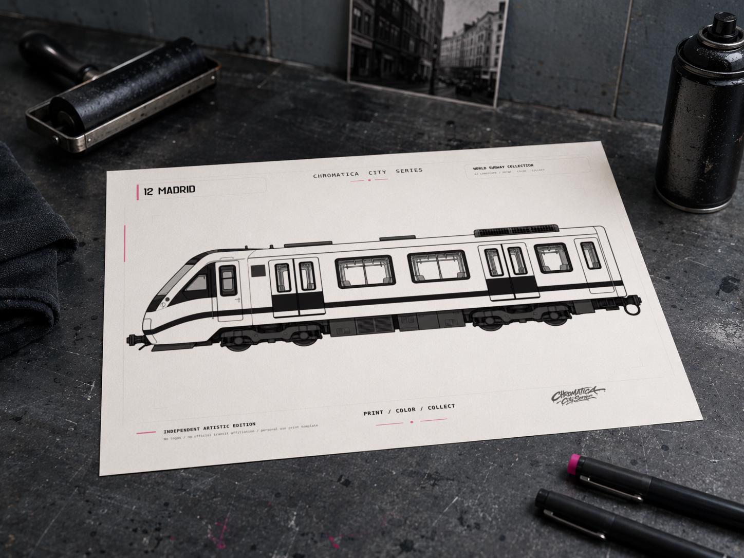 Madrid Metro Coloring Page PDF, A4 Graffiti Train Printable, Madrid Subway Coloring Sheet, Street Art PDF, City Series 12