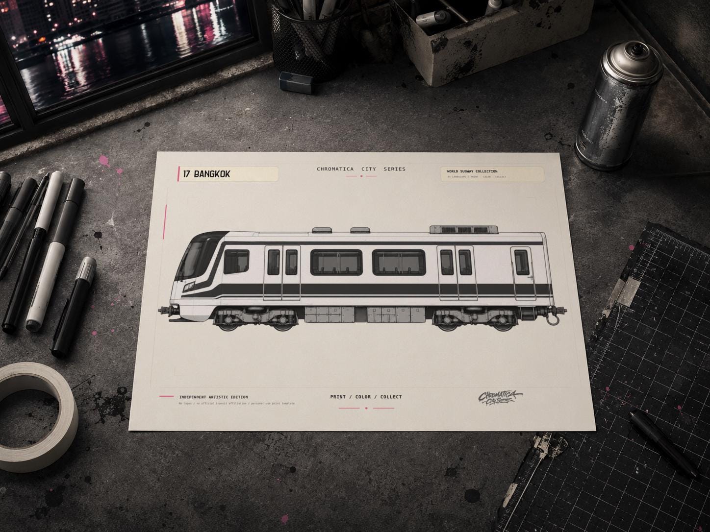 Bangkok Metro Coloring Page PDF, A4 Graffiti Train Printable, Bangkok Subway Coloring Sheet, Street Art PDF, City Series 17