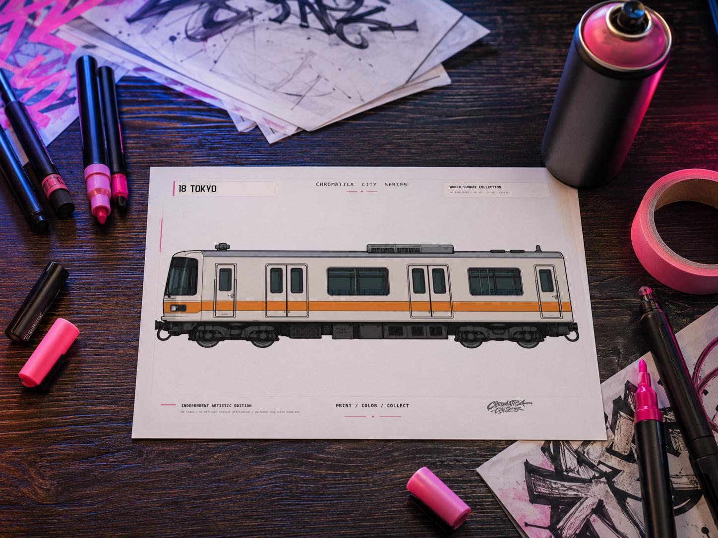 Tokyo Metro Coloring Page PDF, A4 Graffiti Train Printable, Tokyo Subway Coloring Sheet, Street Art PDF, City Series 18