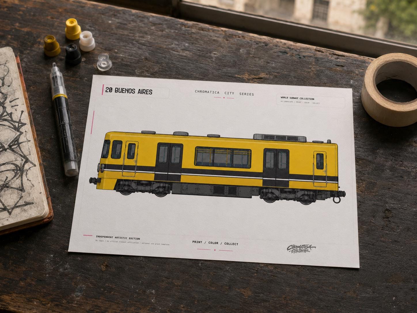 Buenos Aires Train Coloring Page PDF, A4 Graffiti Train Printable, Buenos Aires Subway Coloring Sheet, Street Art PDF, City Series 20