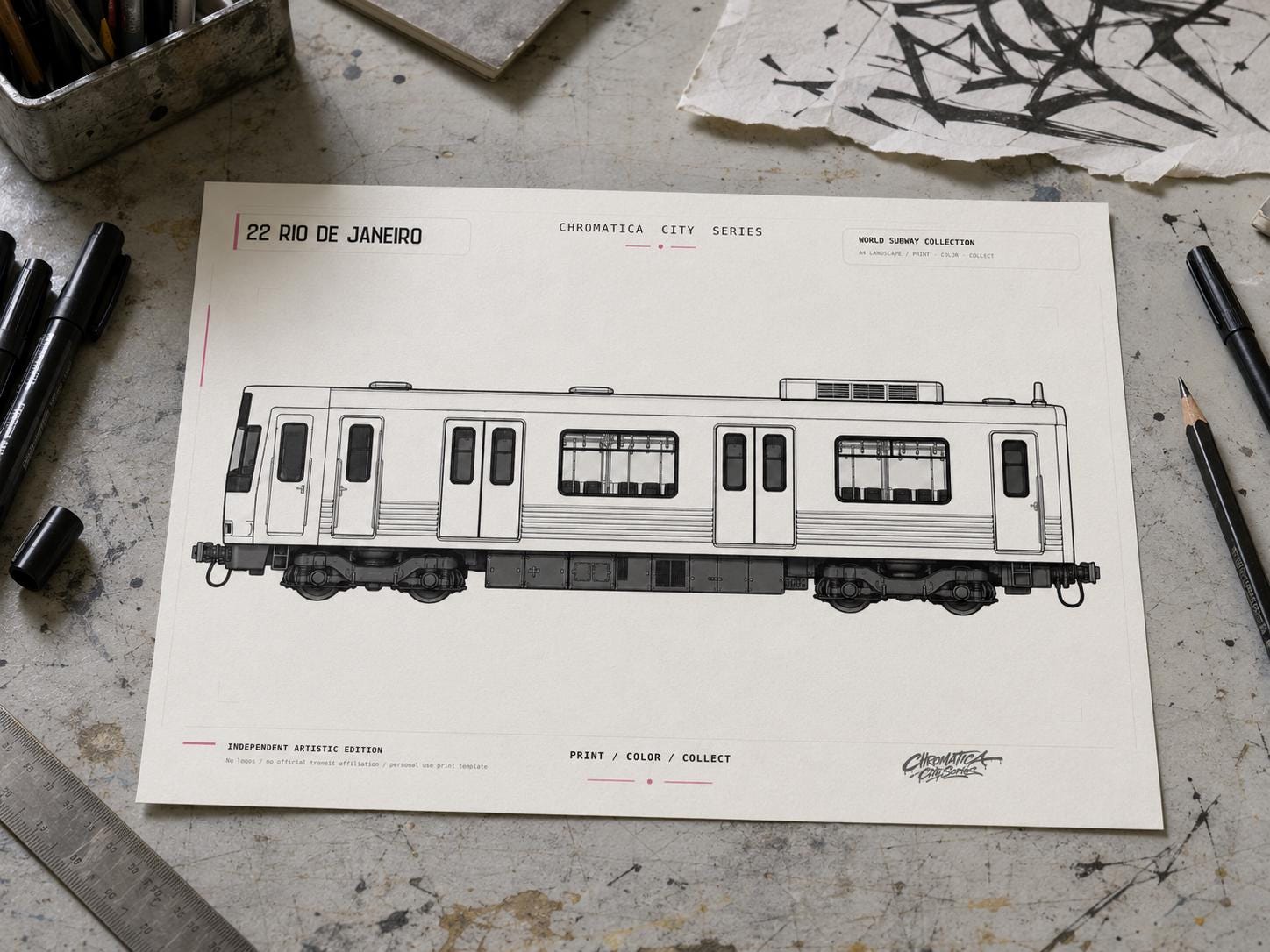 Rio De Janeiro Train Coloring Page PDF, A4 Graffiti Train Printable, Rio Metro Coloring Sheet, Street Art PDF, City Series 22