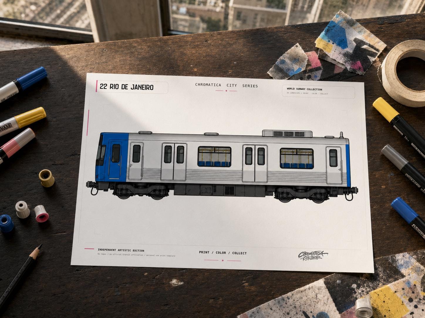 Rio De Janeiro Train Coloring Page PDF, A4 Graffiti Train Printable, Rio Metro Coloring Sheet, Street Art PDF, City Series 22