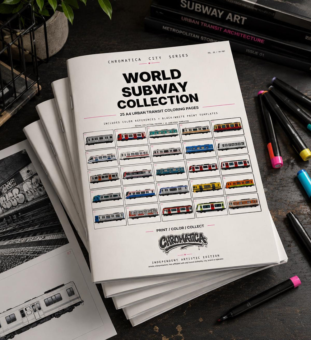 World Subway Collection PDF – 55-Page A4 Graffiti Train Coloring Book with 20+ Cities, Metro Art Pages, Bonus Material & Checklist