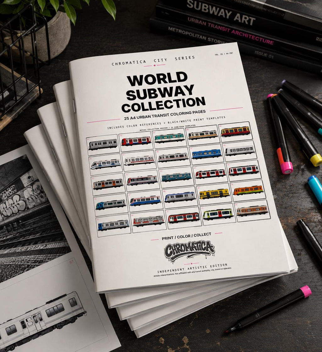 World Subway Collection PDF – 55-Page A4 Graffiti Train Coloring Book with 20+ Cities, Metro Art Pages, Bonus Material & Checklist