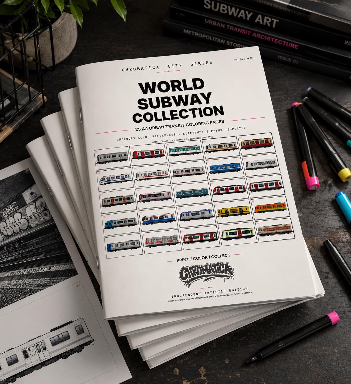 World Subway Collection PDF – 55-Page A4 Graffiti Train Coloring Book with 20+ Cities, Metro Art Pages, Bonus Material & Checklist