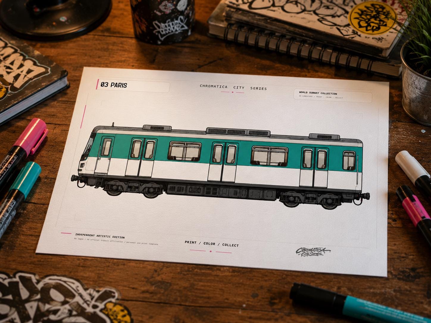 Paris Metro Coloring Page PDF, A4 Graffiti Train Printable, Paris Subway Coloring Sheet, Street Art Train Art, City Series 03