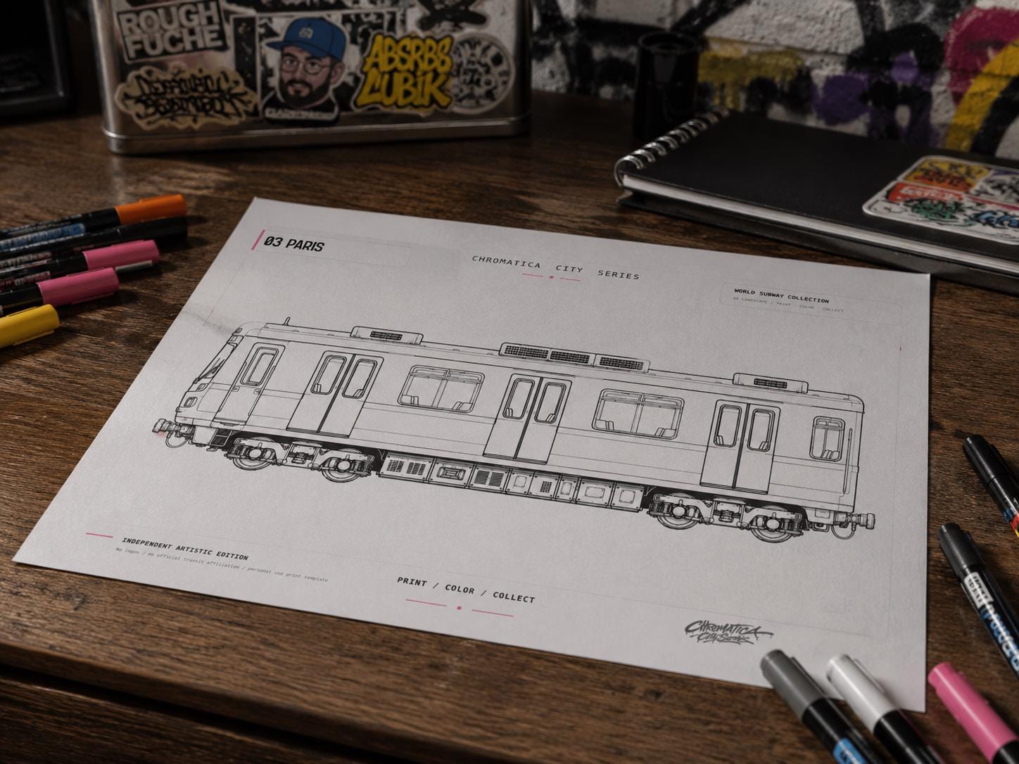 Paris Metro Coloring Page PDF, A4 Graffiti Train Printable, Paris Subway Coloring Sheet, Street Art Train Art, City Series 03