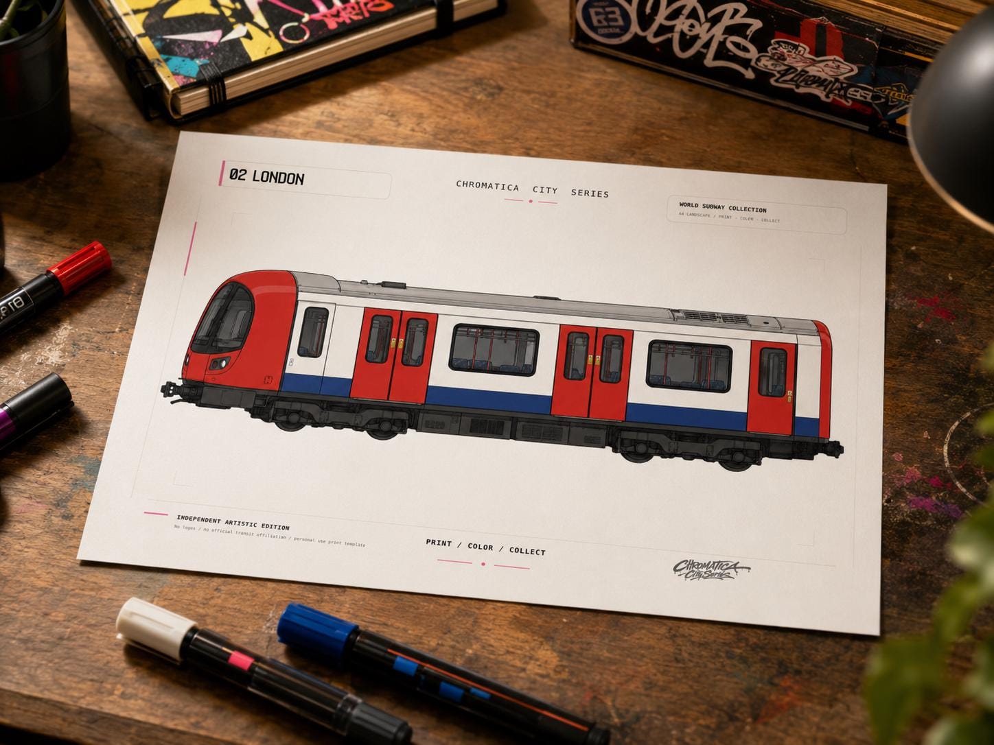 London Subway Coloring Page PDF, A4 Graffiti Train Printable, London Tube Coloring Sheet, Street Art Train Art, City Series 02