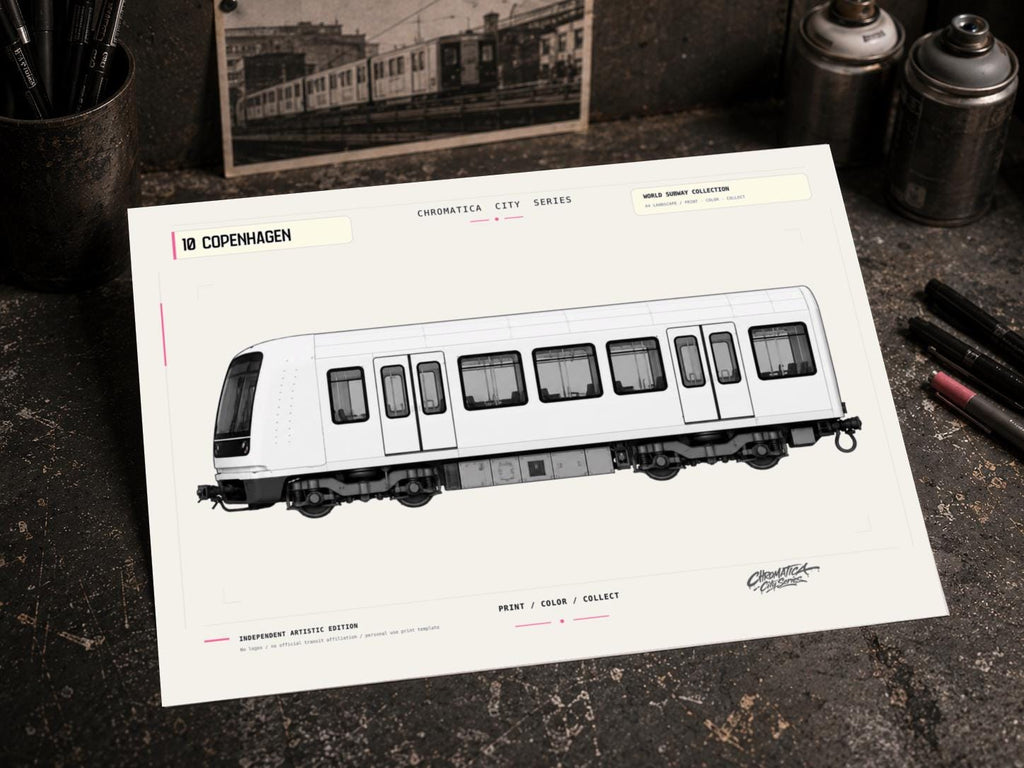 Copenhagen Metro Coloring Page PDF, A4 Graffiti Train Printable, Copenhagen Subway Coloring Sheet, City Series 10