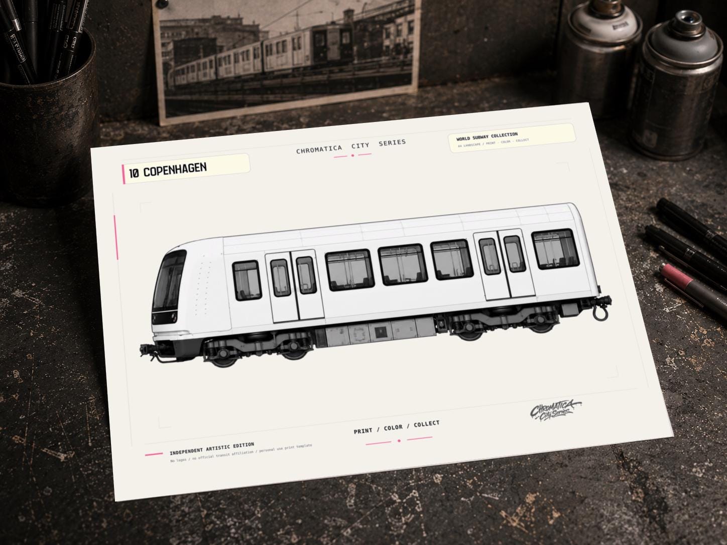 Copenhagen Metro Coloring Page PDF, A4 Graffiti Train Printable, Copenhagen Subway Coloring Sheet, City Series 10