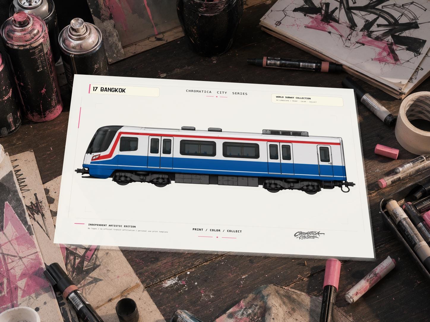 Bangkok Metro Coloring Page PDF, A4 Graffiti Train Printable, Bangkok Subway Coloring Sheet, Street Art PDF, City Series 17