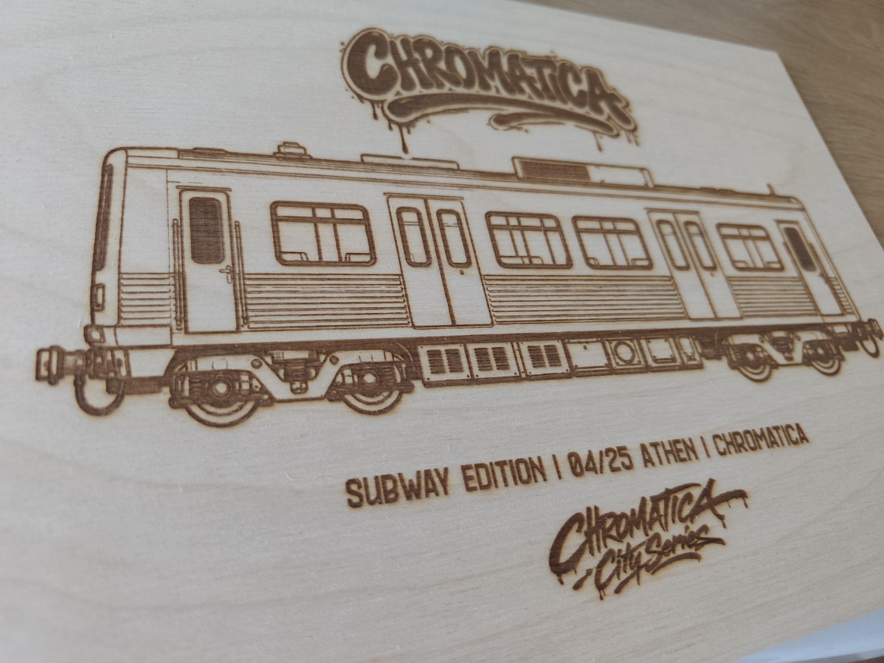 Athens Graffiti Train Template on Birch Wood, Engraved A4 Art Board, Limited Collector Edition with Certificate