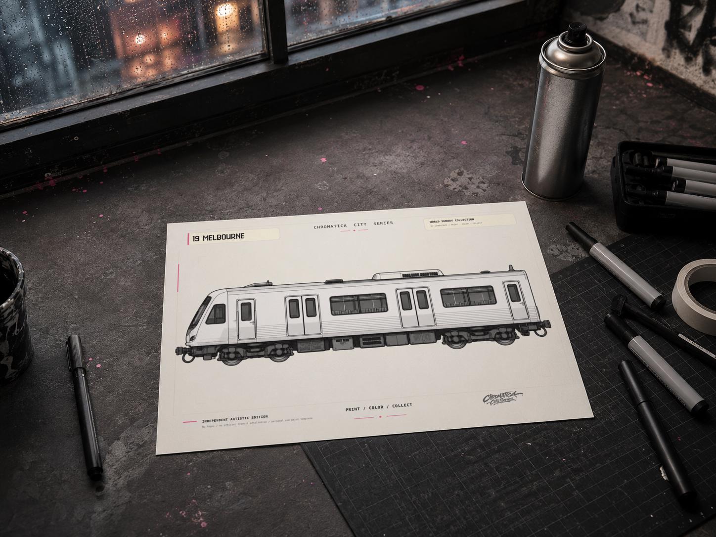Melbourne Train Coloring Page PDF, A4 Graffiti Train Printable, Melbourne Urban Rail Coloring Sheet, Street Art PDF, City Series 19