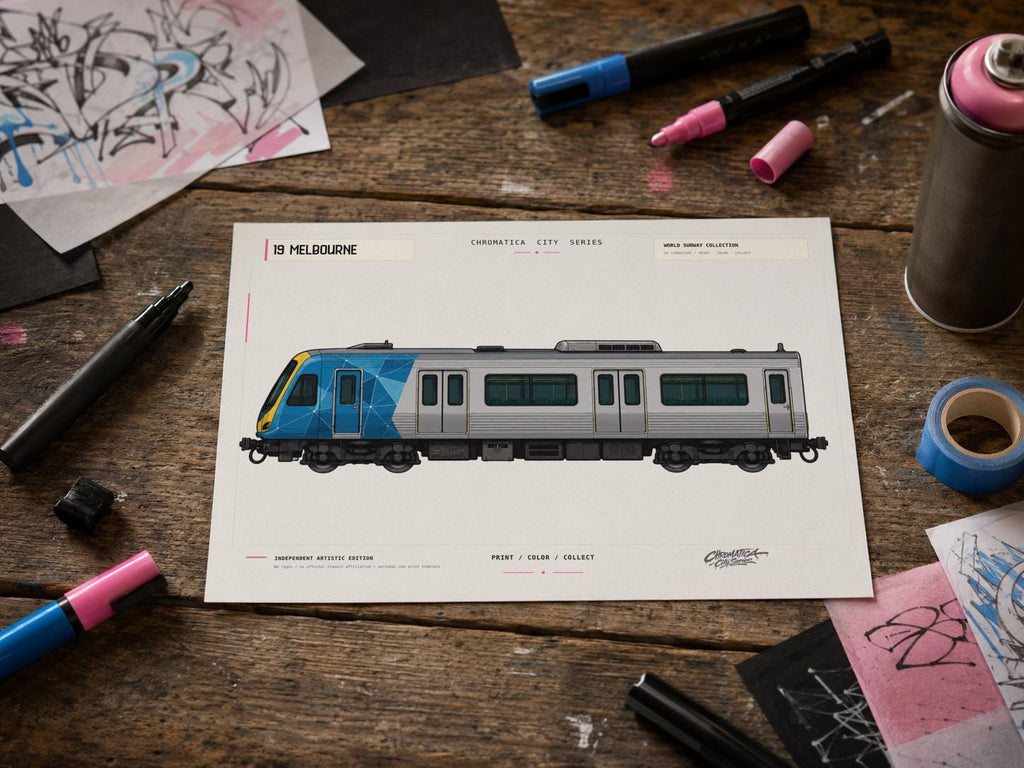 Melbourne Train Coloring Page PDF, A4 Graffiti Train Printable, Melbourne Urban Rail Coloring Sheet, Street Art PDF, City Series 19