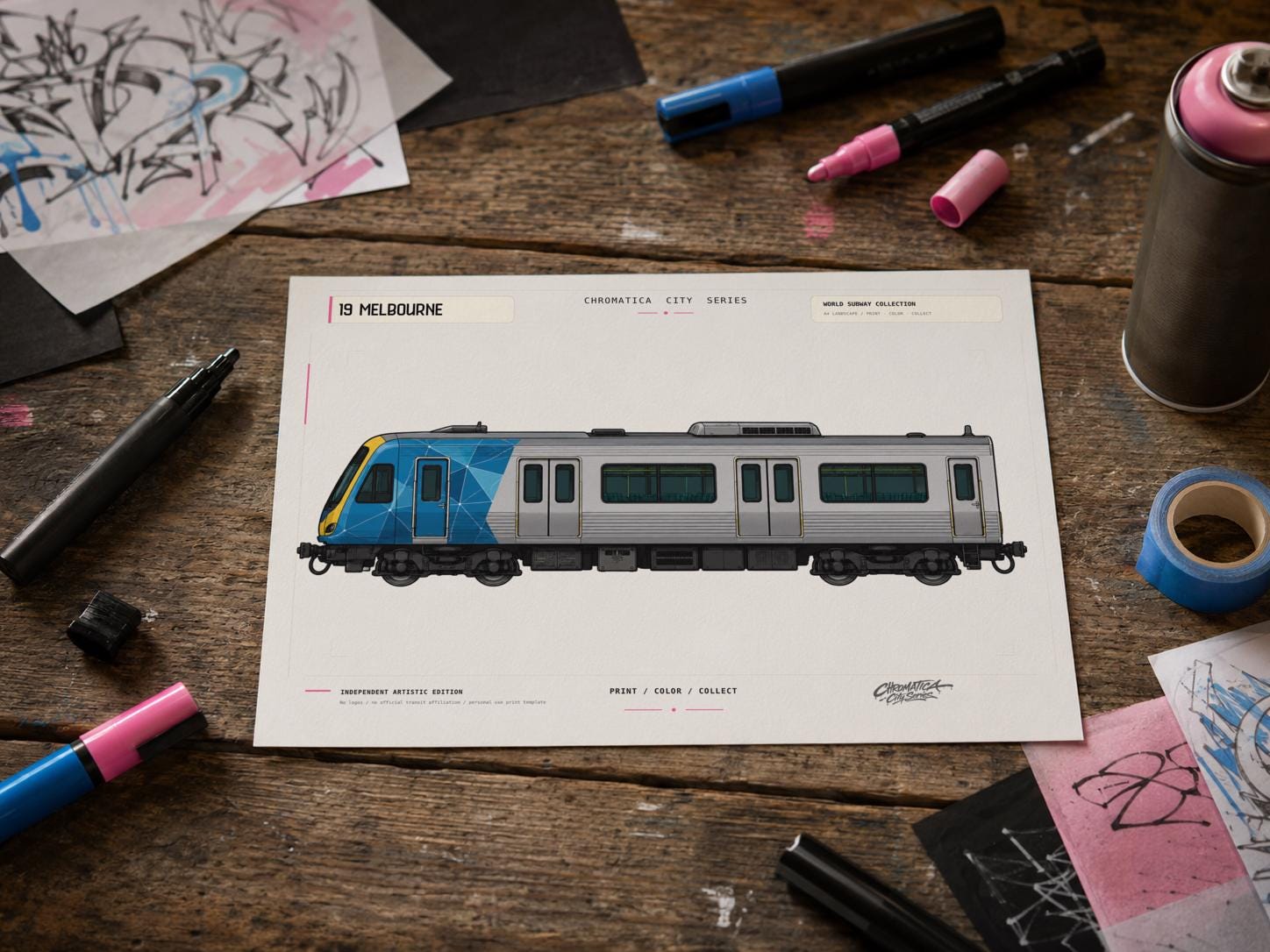 Melbourne Train Coloring Page PDF, A4 Graffiti Train Printable, Melbourne Urban Rail Coloring Sheet, Street Art PDF, City Series 19