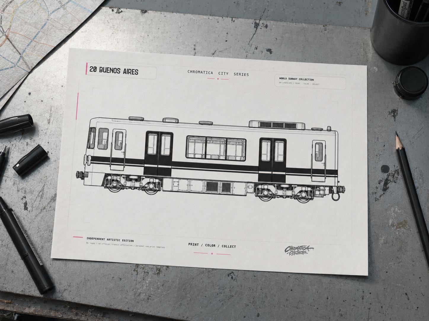 Buenos Aires Train Coloring Page PDF, A4 Graffiti Train Printable, Buenos Aires Subway Coloring Sheet, Street Art PDF, City Series 20