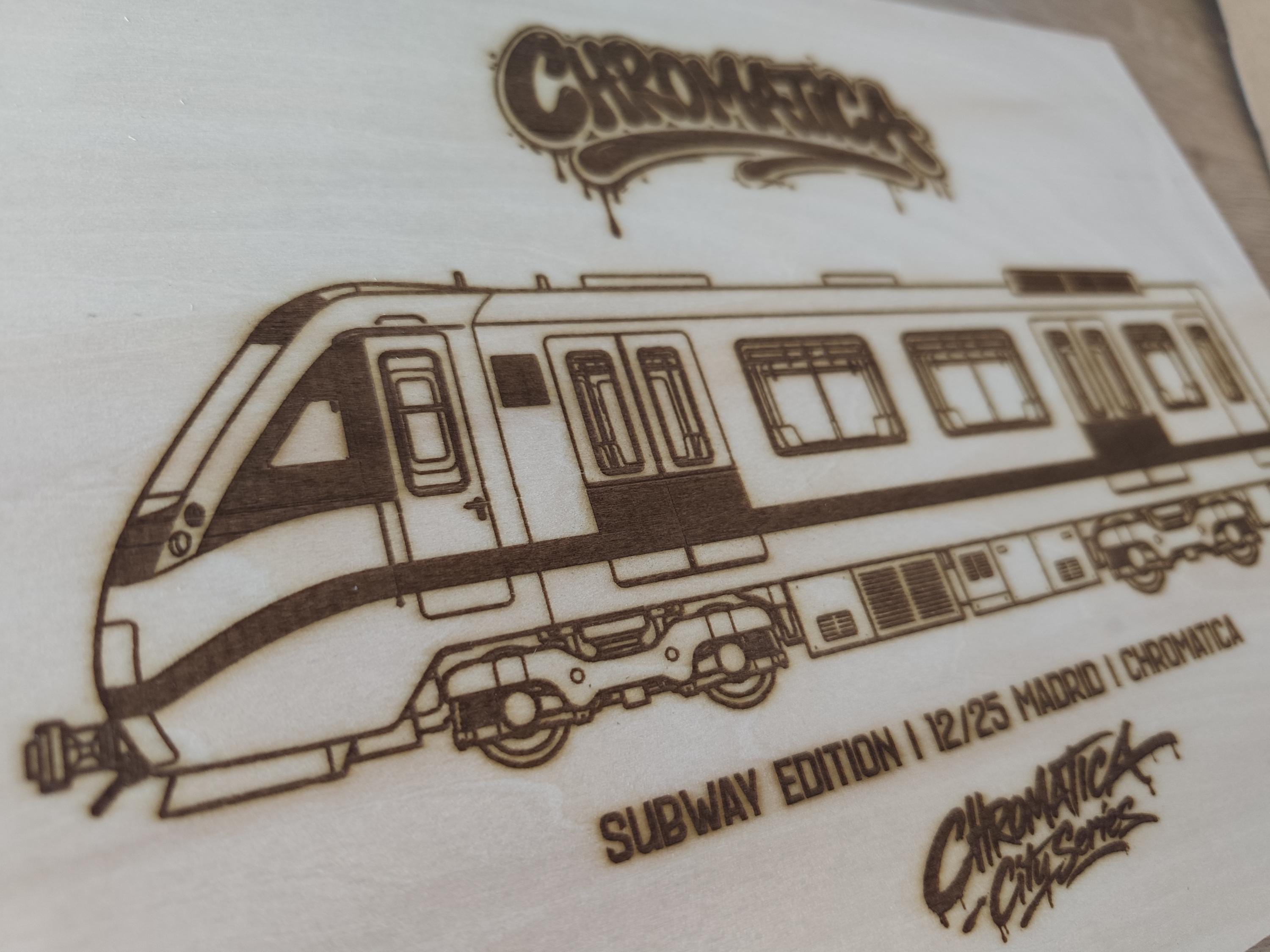 Madrid Graffiti Train Template on Birch Wood, Engraved A4 Art Board, Limited Collector Edition with Certificate