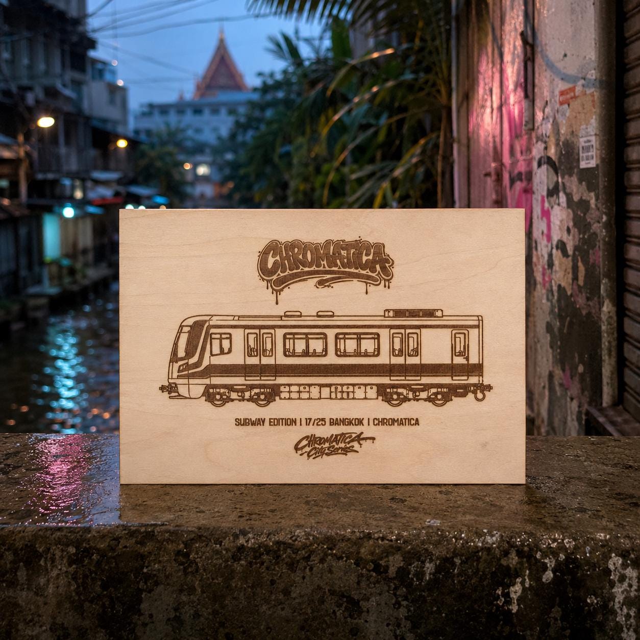 Bangkok Graffiti Train Template on Birch Wood, Engraved A4 Art Board, Limited Collector Edition with Certificate