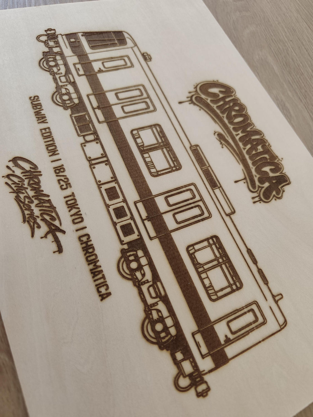 Tokyo Graffiti Train Template on Birch Wood, Engraved A4 Art Board, Limited Collector Edition with Certificate