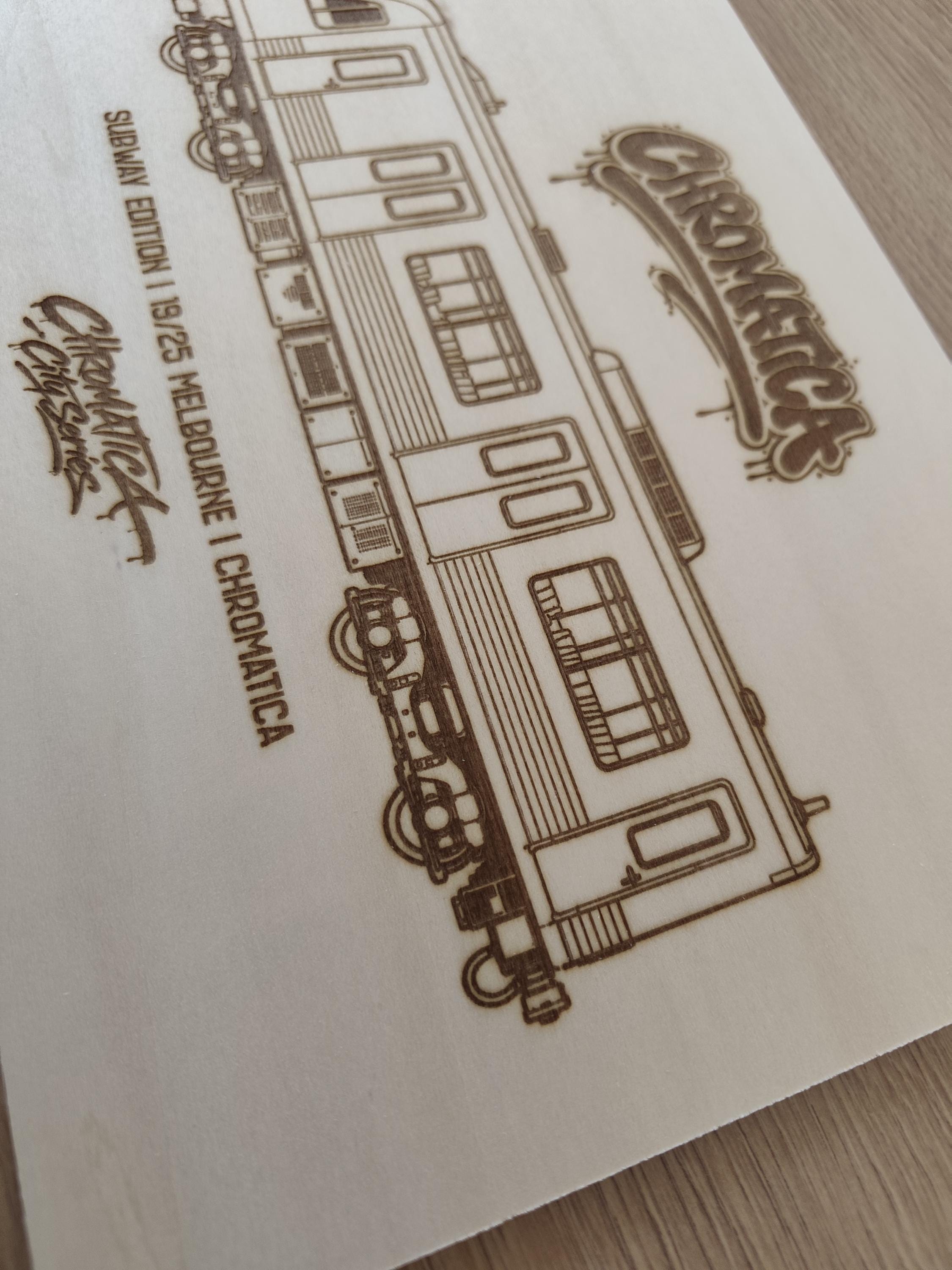 Melbourne Graffiti Train Template on Birch Wood, Engraved A4 Art Board, Limited Collector Edition with Certificate