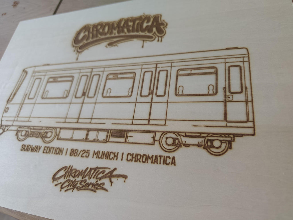Munich Graffiti Train Template on Birch Wood, Engraved A4 Art Board, Limited Collector Edition with Certificate