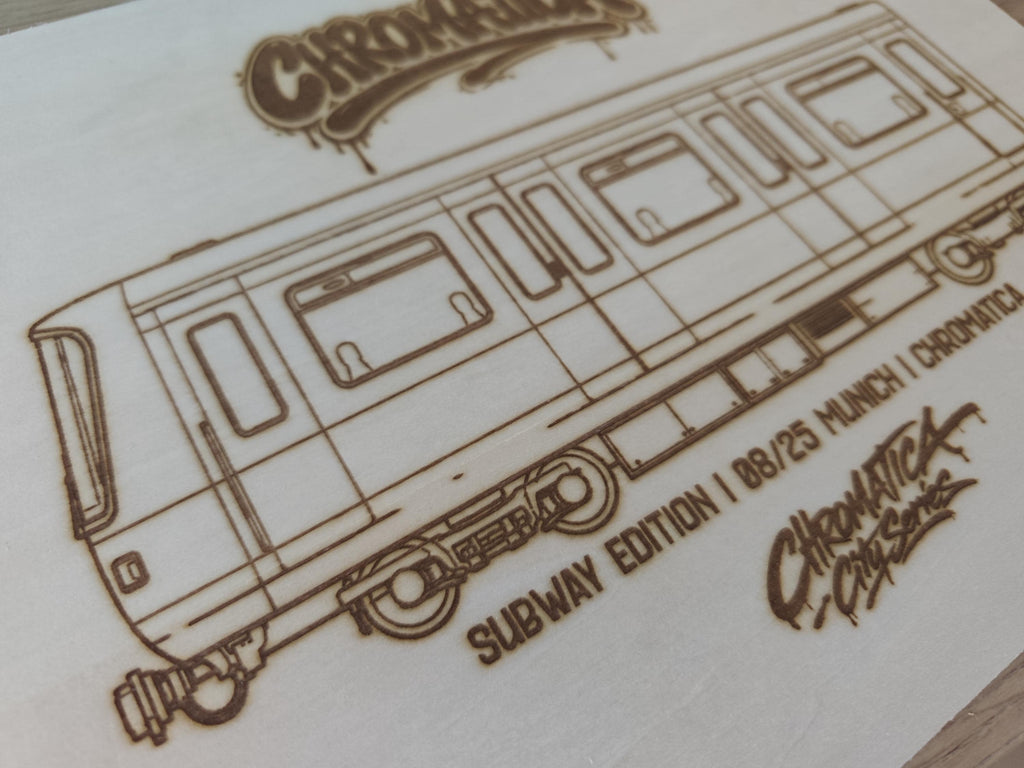 Munich Graffiti Train Template on Birch Wood, Engraved A4 Art Board, Limited Collector Edition with Certificate