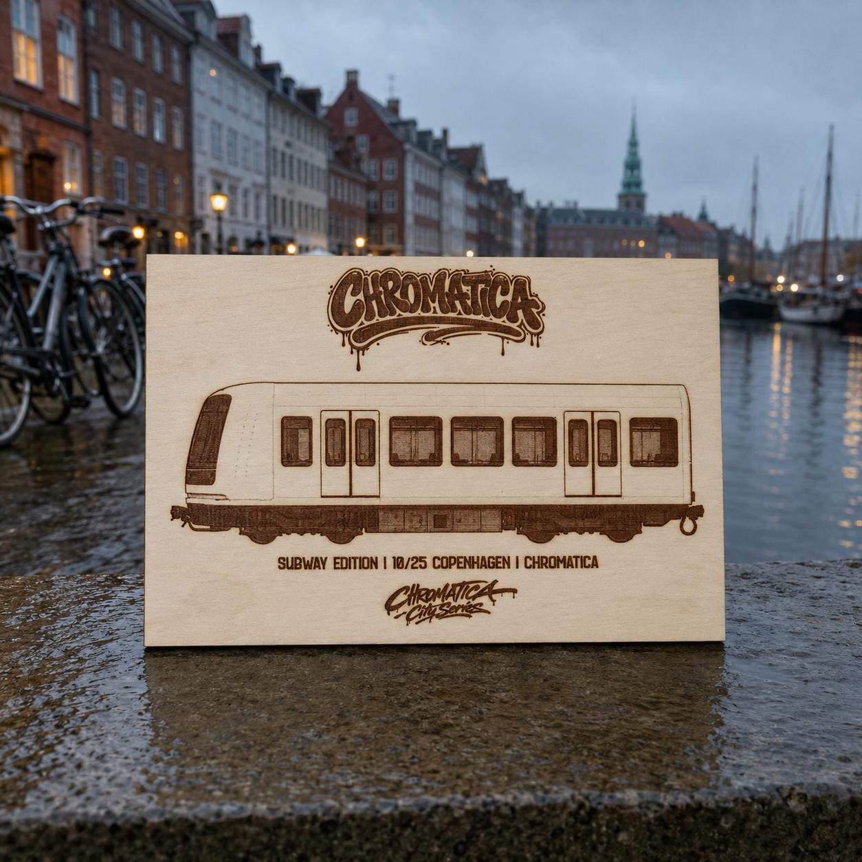 Copenhagen Graffiti Train Template on Birch Wood, Engraved A4 Art Board, Limited Collector Edition with Certificate