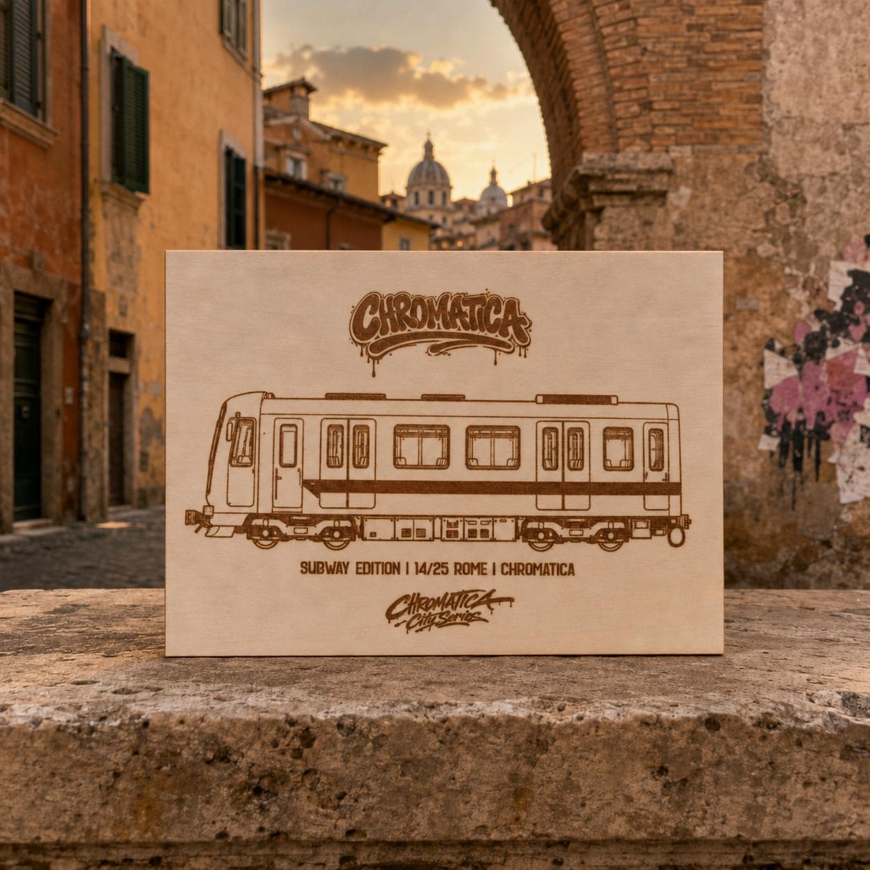 Rome Graffiti Train Template on Birch Wood, Engraved A4 Art Board, Limited Collector Edition with Certificate