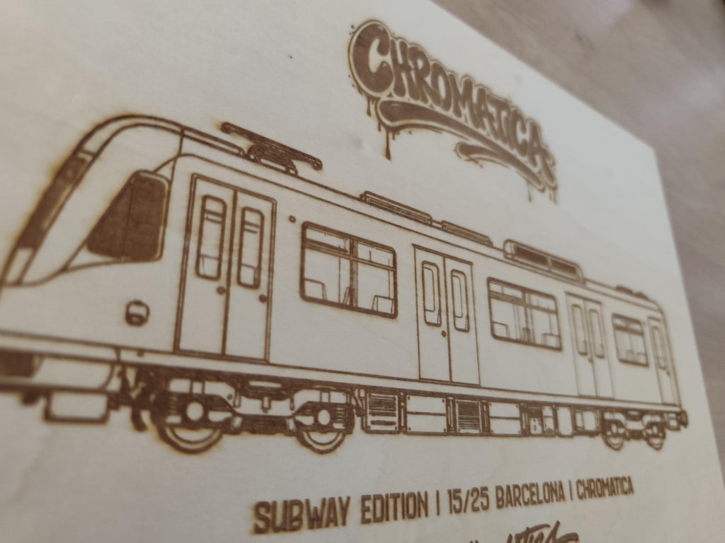 Barcelona Graffiti Train Template on Birch Wood, Engraved A4 Art Board, Limited Collector Edition with Certificate