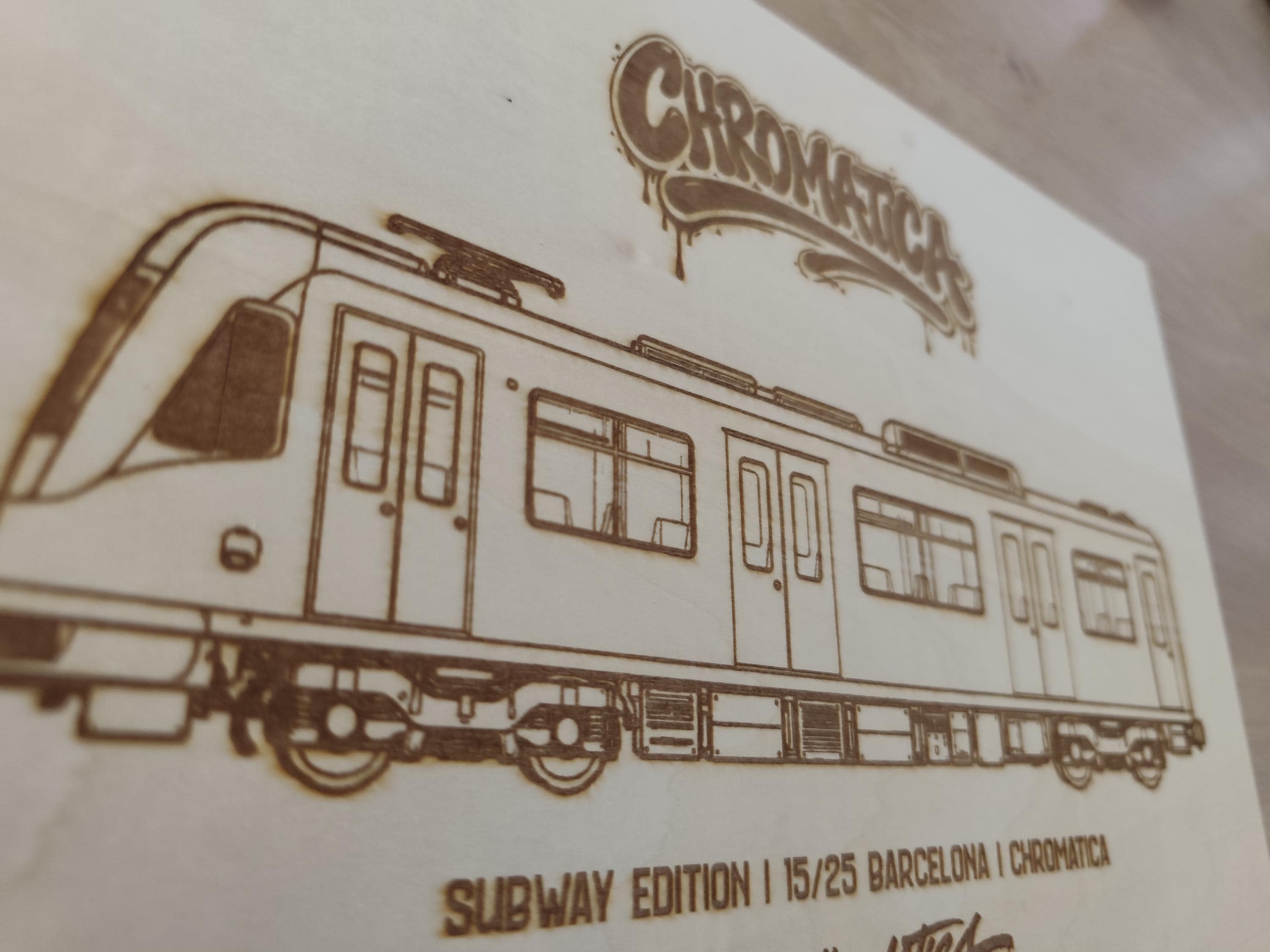 Barcelona Graffiti Train Template on Birch Wood, Engraved A4 Art Board, Limited Collector Edition with Certificate
