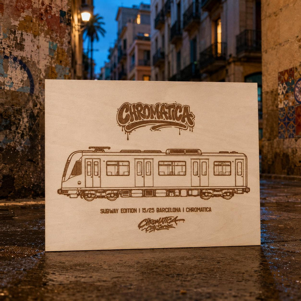 Barcelona Graffiti Train Template on Birch Wood, Engraved A4 Art Board, Limited Collector Edition with Certificate