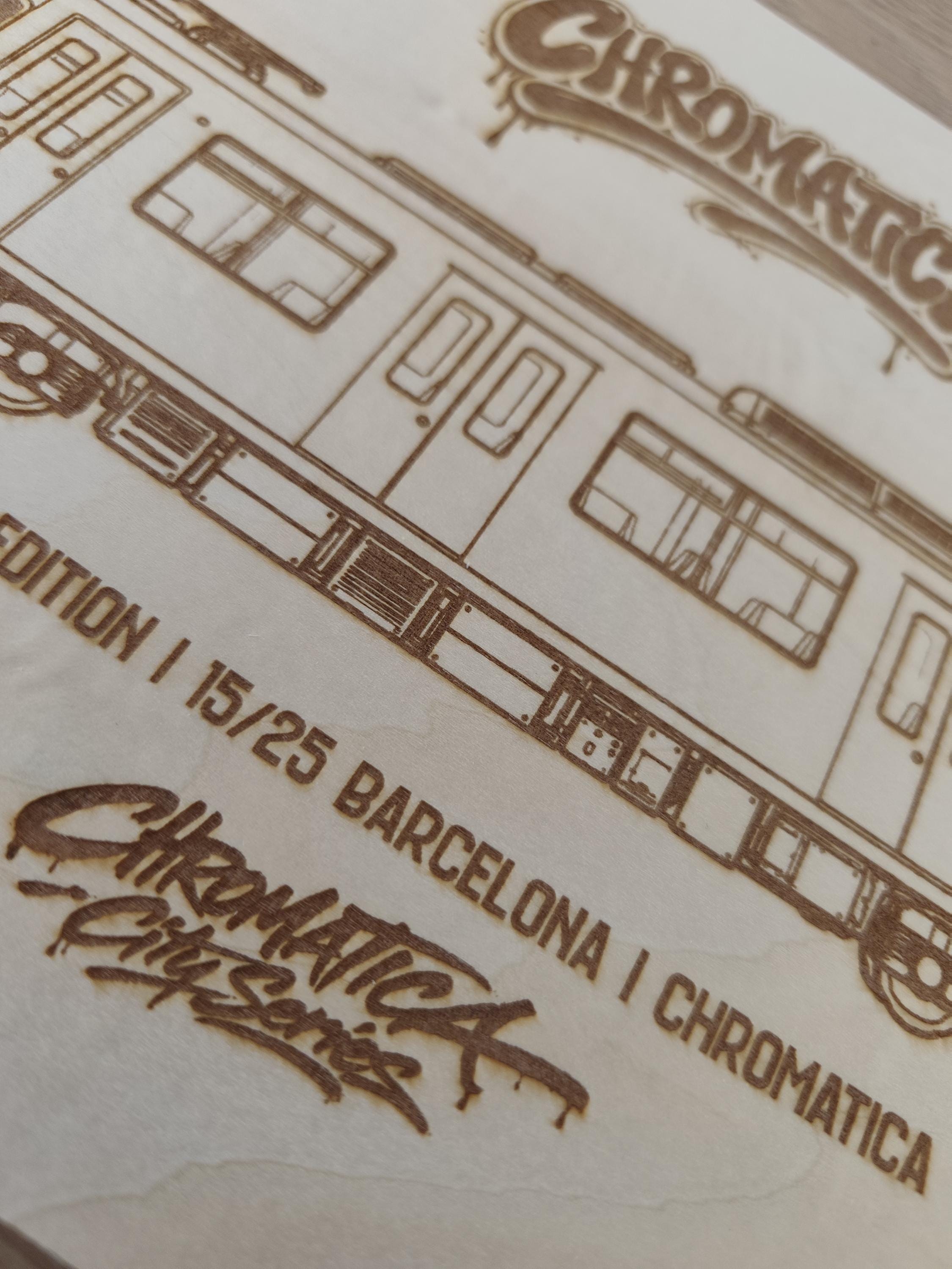 Barcelona Graffiti Train Template on Birch Wood, Engraved A4 Art Board, Limited Collector Edition with Certificate