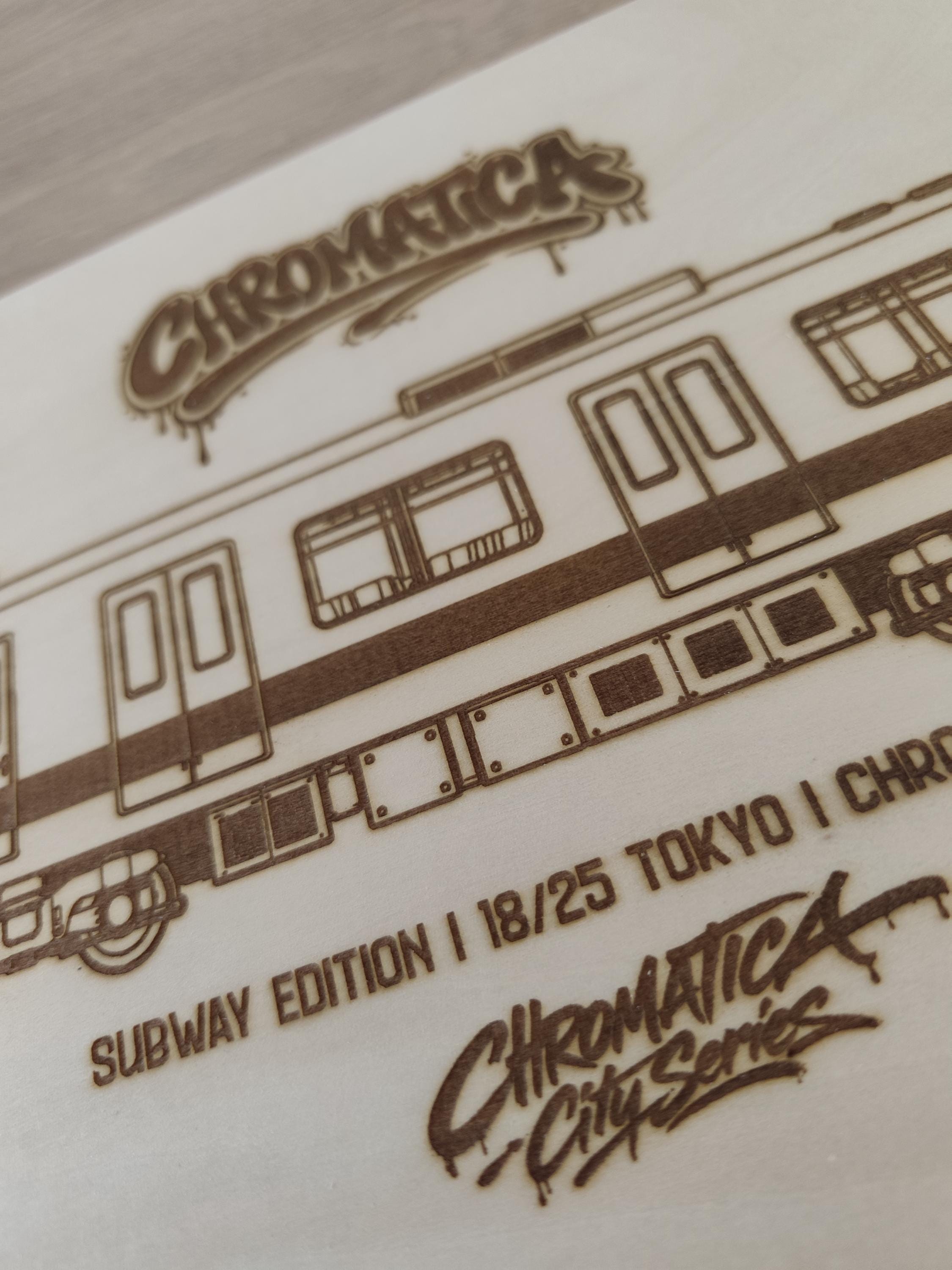 Tokyo Graffiti Train Template on Birch Wood, Engraved A4 Art Board, Limited Collector Edition with Certificate