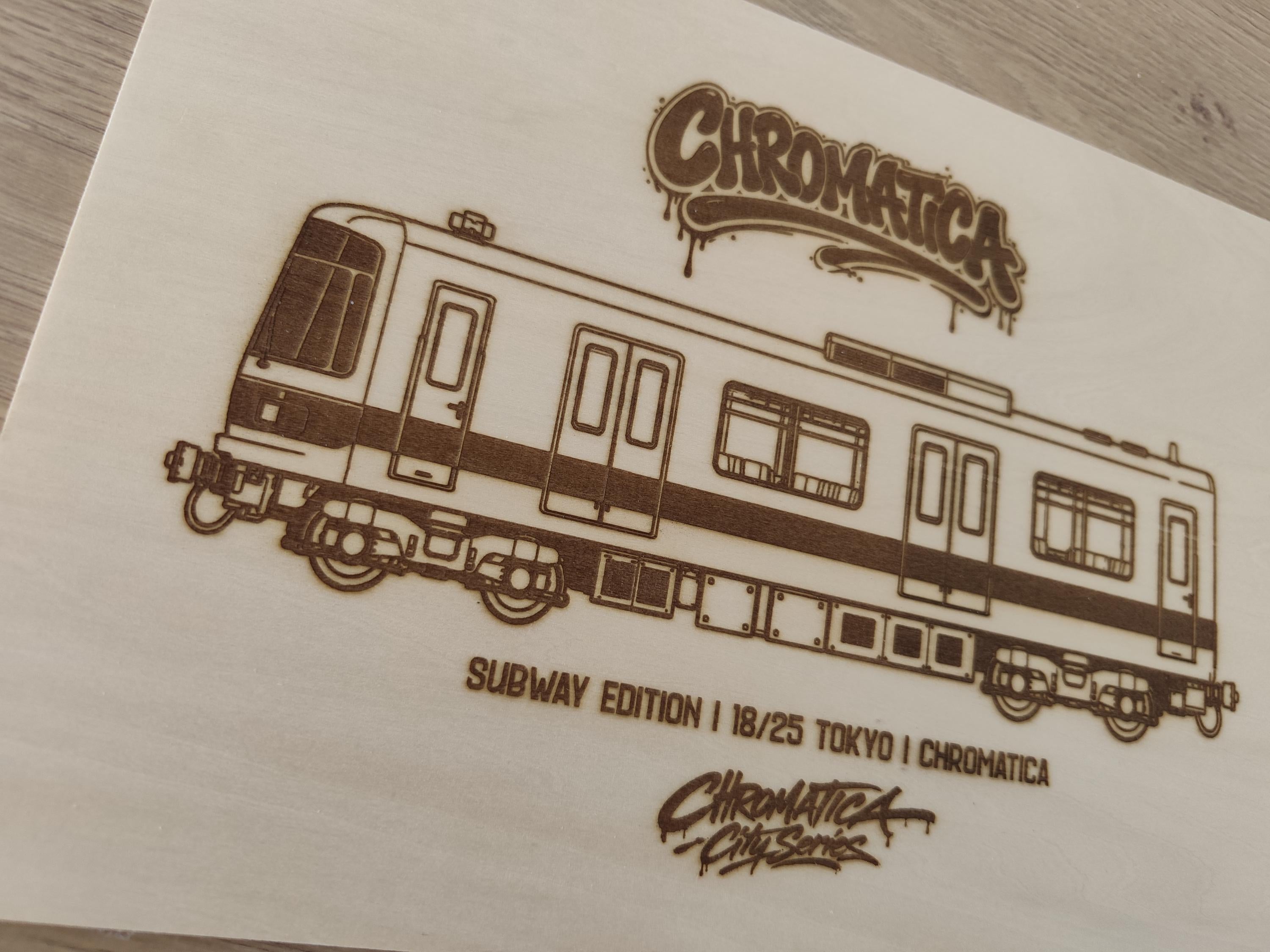 Tokyo Graffiti Train Template on Birch Wood, Engraved A4 Art Board, Limited Collector Edition with Certificate