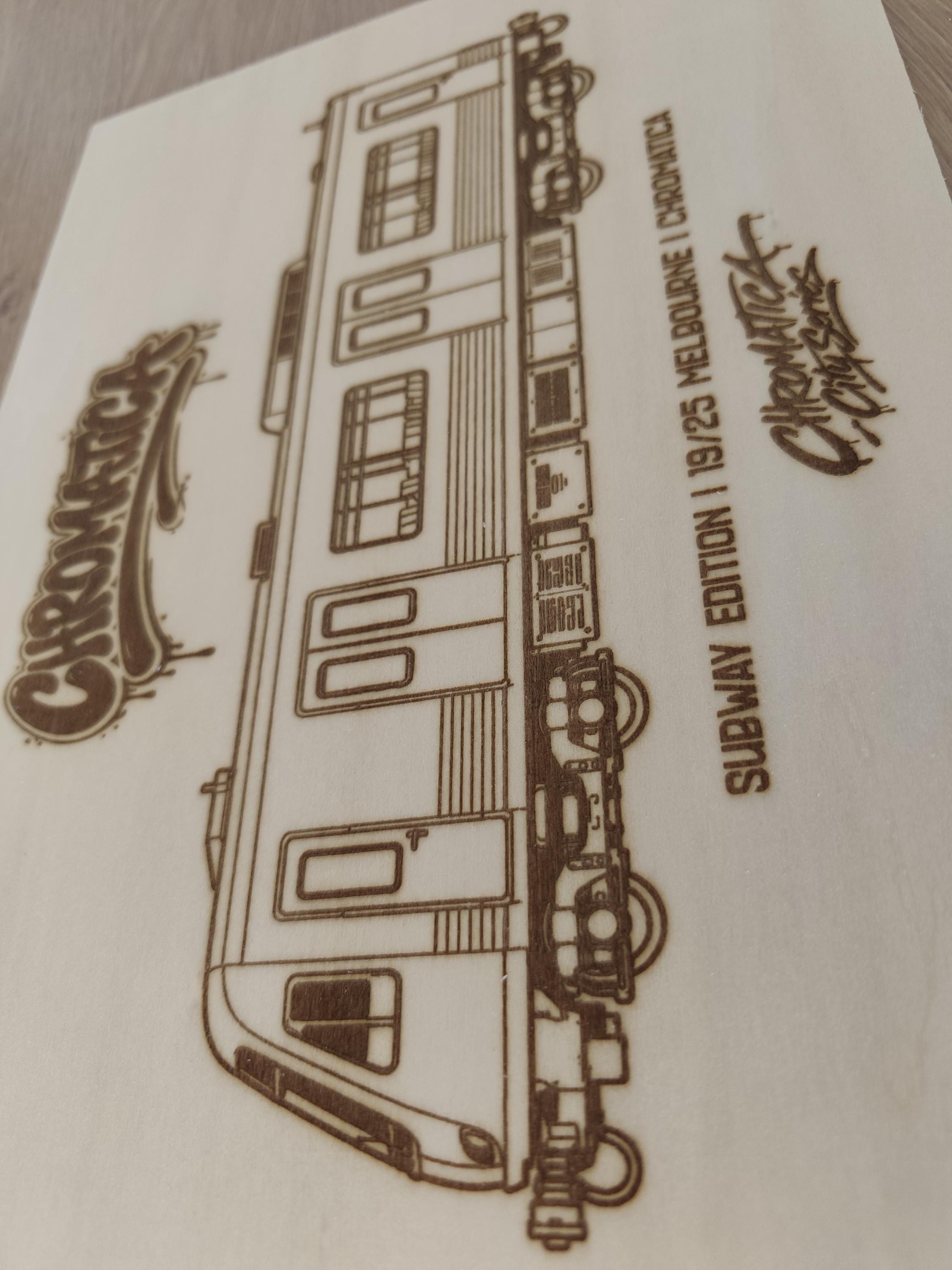 Melbourne Graffiti Train Template on Birch Wood, Engraved A4 Art Board, Limited Collector Edition with Certificate