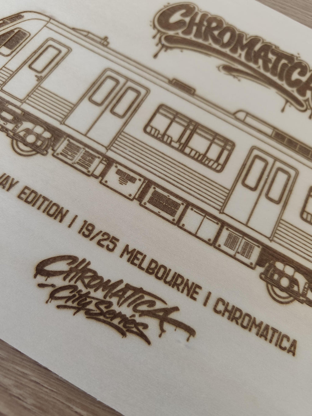 Melbourne Graffiti Train Template on Birch Wood, Engraved A4 Art Board, Limited Collector Edition with Certificate
